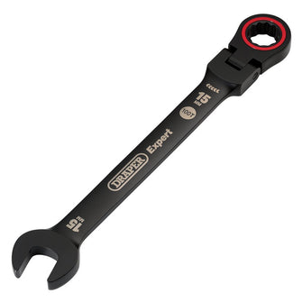 Draper Expert HI-TORQ® Metric Flexible Head Ratchet Combination Spanner, 15mm, Black