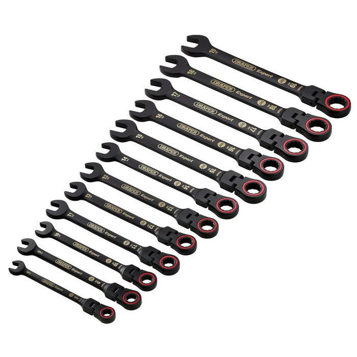 Draper Tools Draper Expert HI-TORQ Metric Flexible Head Ratchet Combination Spanner Set Black 12 Pce