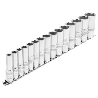 Draper Tools 3/8 Sq. Dr. Metric Deep Socket Set on Metal Rail (15 Piece)