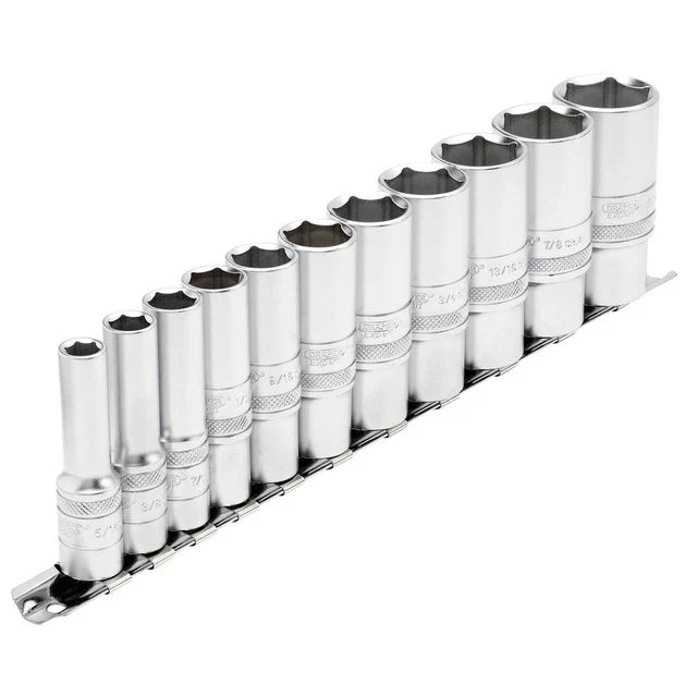 Draper Tools 3/8 Sq. Dr. Imperial Deep Socket Set on Metal Rail (11 Piece)